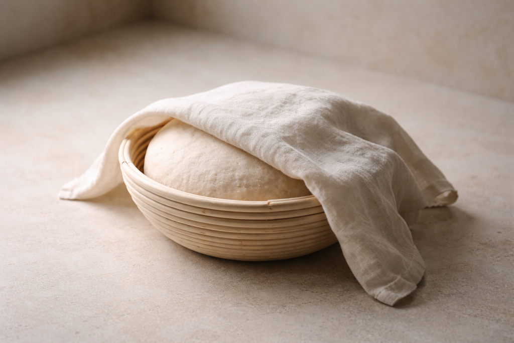 [light] Til mission/værdier: symbolsk billede af hævning og tålmodighed — en dej i hævekurv under klæde i roligt lys.