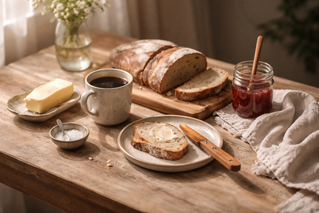 [light] Generel stemning/livsstil: hyggelig weekendbagning med kaffe, brødskiver og smør på bordet — hjemligt og nordisk.