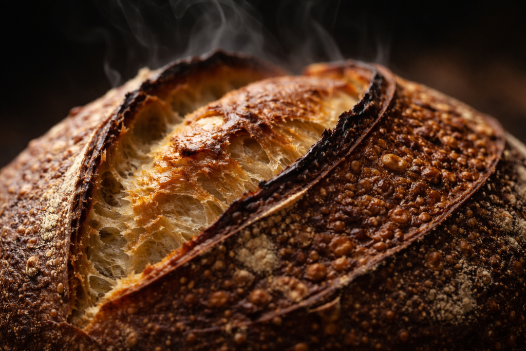 [dark] Detaljebillede: ultra tæt på sprød brødskorpe med score-mønster og damp, der viser kvalitet og teknik.