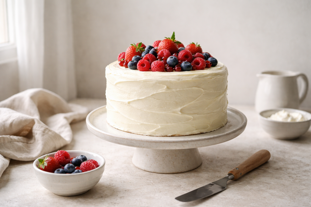 [light] Til service/indhold om kager og desserter: et enkelt, moderne kagebord med en smuk, men ægte hjemmebagt kage.