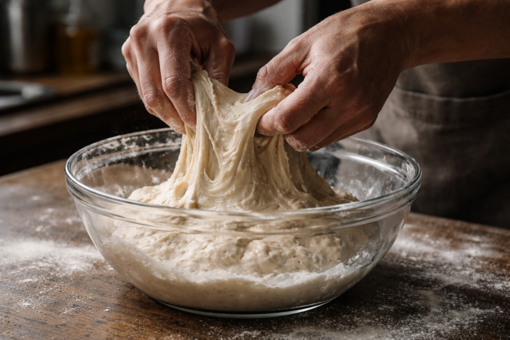 [dark] Til service/indhold om bageguides og teknikker: hænder der folder dej (stretch & fold) med melstøv i luften.