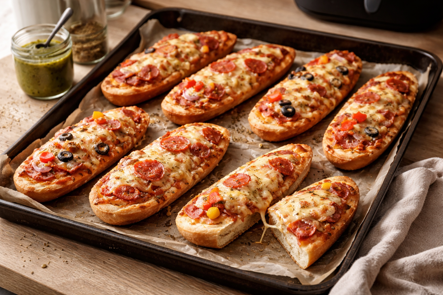 Pizza baguettes - sprøde baguettes med pizzafyld uden tør kant