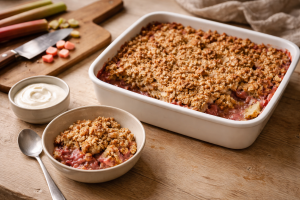 Rabarber crumble - sprød topping og syrligt fyld (uden blød crumble)