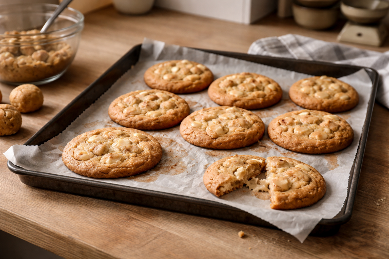 Cookies med hvid chokolade - sprøde kanter og chewy midte (opskrift og fejlfinding)