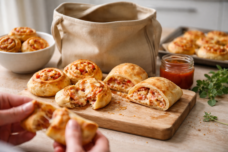 Indbagte pizzastykker og pizzasnegle til madpakken med saftigt fyld