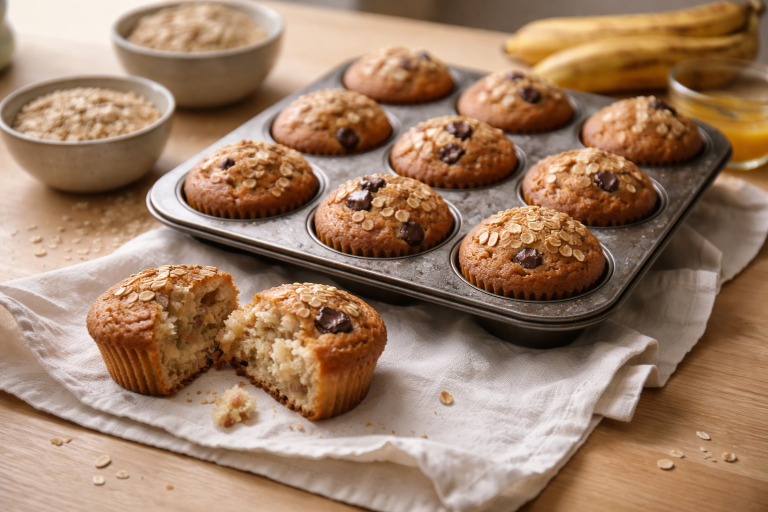 Bananmuffins med havregryn eller havregrød - saftige, mættende muffins uden tør krumme